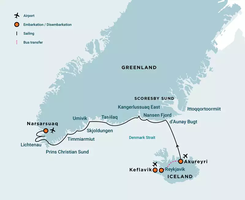 Route map of East & South Greenland, Aurora Borealis cruise from Akureyri, Iceland to Narsarsuaq, Greenland.