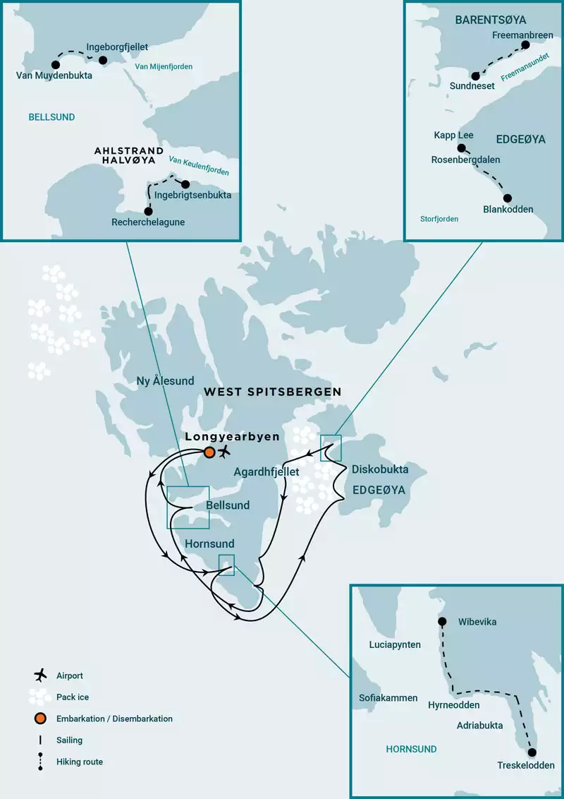 Route map of East Spitsbergen - Home of the Polar Bear cruise round-trip from Longyearbyen, Svalbard, with visits along the southern shores & Diskobukta.