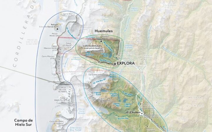 Route map of Explora El Chaltén Argentinean Patagonia adventure, showing lodge location & 4 exploration zones: Southern Ice Fields, Los Glaciares National Park, Los Huemules Conservation Reserve & Desert Lake.