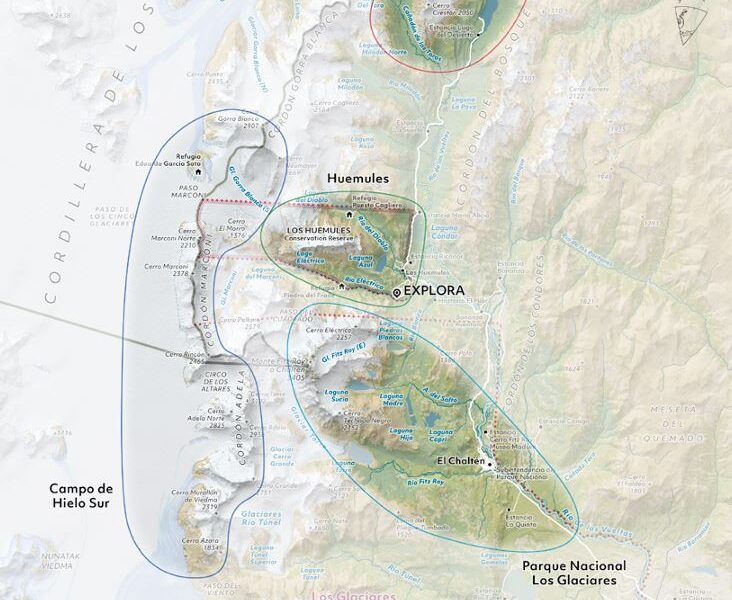 Route map of Explora El Chaltén Argentinean Patagonia adventure, showing lodge location & 4 exploration zones: Southern Ice Fields, Los Glaciares National Park, Los Huemules Conservation Reserve & Desert Lake.