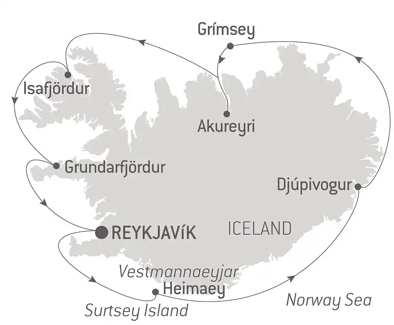Route map of Icelandic Nature & Traditions small ship cruise, operating round-trip from Reykjavik & making a complete circumnavigation.