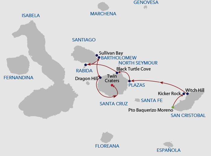 Galapagos cruise route map showing visits to San Cristobal, North Seymour, Santa Fe, Santa Cruz, Bartolome, Santiago and South Plaza Islands.