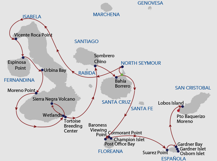Galapagos cruise route map showing visits to Santa Cruz, Isabela, Fernandina, Chinese Hat, Mosquera, Floreana, Española and San Cristobal islands.