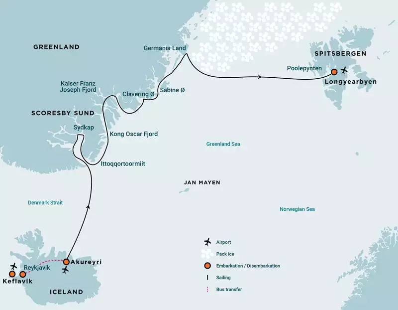 Route map of Northeast Greenland Extreme cruise from Akureyri, Iceland to Longyearbyen, Svalbard via most of the east Greenland coast.