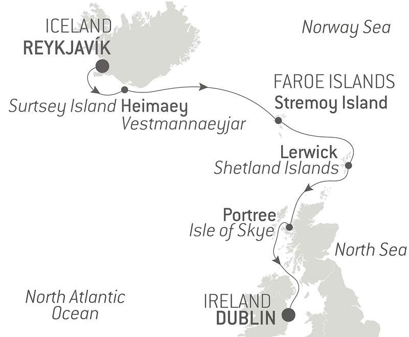 Route map of Total Solar Eclipse from Iceland to Ireland cruise, with visits to the Faroe and Shetland Islands, plus Scotland.