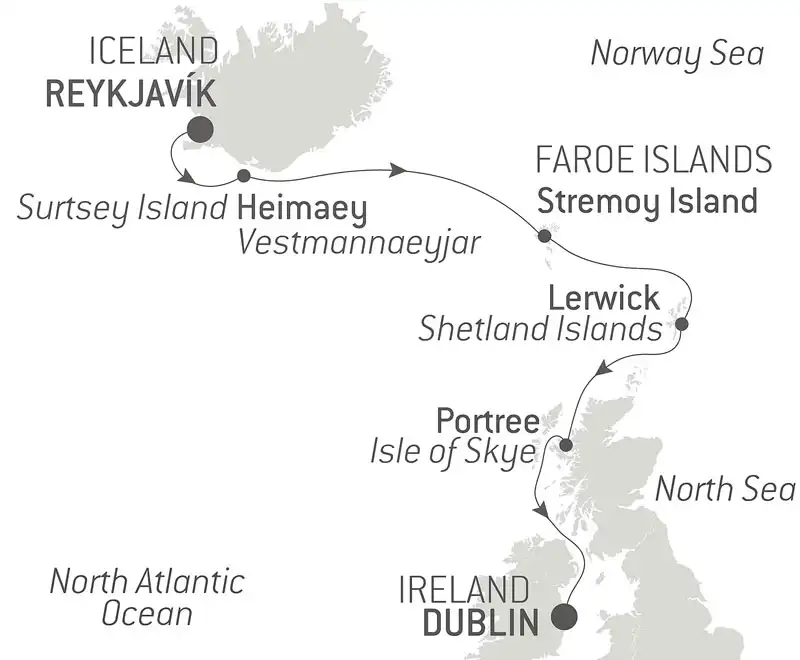Route map of Total Solar Eclipse from Iceland to Ireland cruise, with visits to the Faroe and Shetland Islands, plus Scotland.