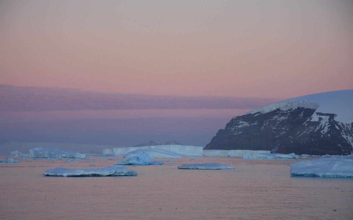 landscape of antarctica at dusk with pink sky, floating icebergs and a mountain on the right