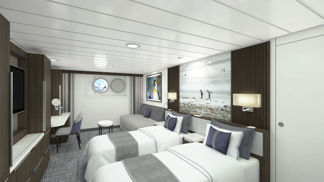 Rendering of Aurora Stateroom Twin cabin on Douglas Mawson ship with 2 single beds in white & blue, porthole, desk & gray loveseat.