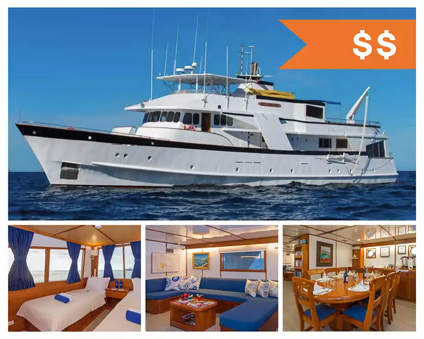 Photo collage of budget Galapagos yacht exterior and interior cabin, lounge, dining areas. 