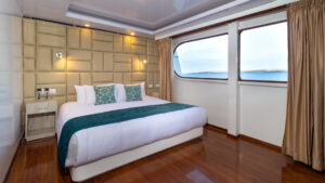 Suite on Petrel boat in Galapagos with wood floor, vanity, panoramic windows, king bed