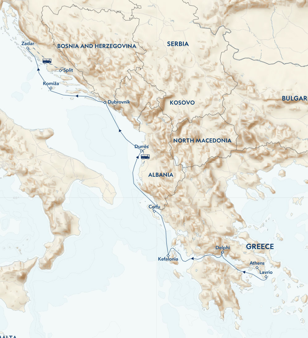 Route map of northbound Ancient Mediterranean Odyssey: Greece, Croatia & Albania cruise, including a Corinth Canal crossing.