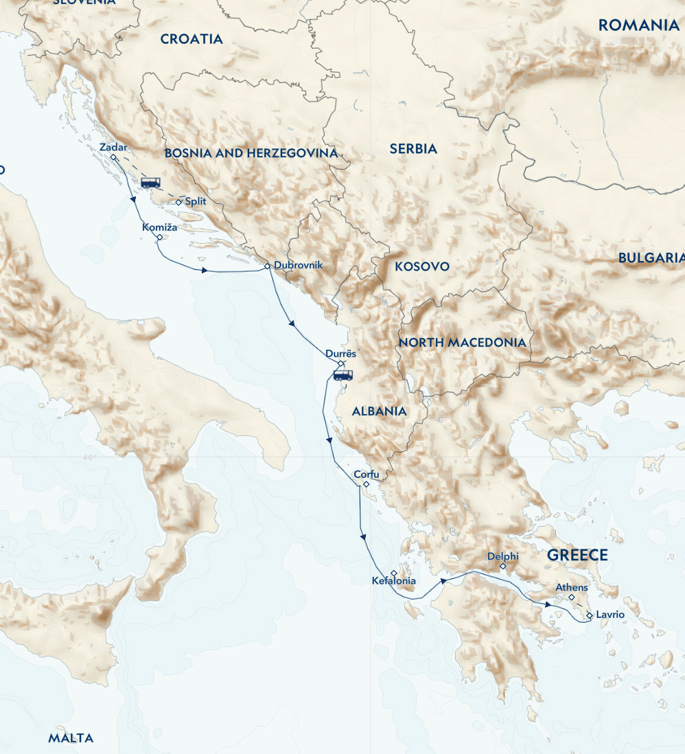 Route map of southbound Ancient Mediterranean Odyssey: Greece, Croatia & Albania cruise, including a Corinth Canal crossing.
