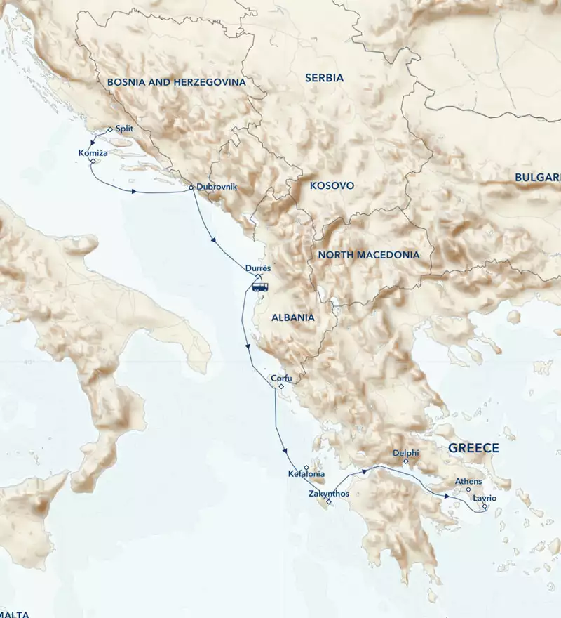 Route map of southbound Ancient Mediterranean Odyssey: Greece, Croatia & Albania cruise, including a Corinth Canal crossing.