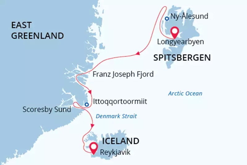 Route map of Arctic Odyssey small ship cruise from Spitsbergen to Iceland with visits along east Greenland.
