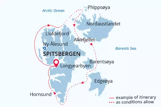 Route map of Best of Svalbard Arctic small ship cruise, operating round-trip from Longyearbyen with an attempt to circumnavigate Svalbard.