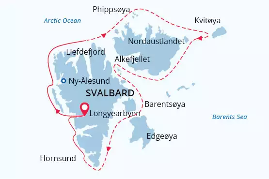 Route map of In-Depth Exploration in the Land of the Polar Bear, round-trip from Longyearbyen, Svalbard, with an attempt to circumnavigate Svalbard & a unique visit to Kvitoya.