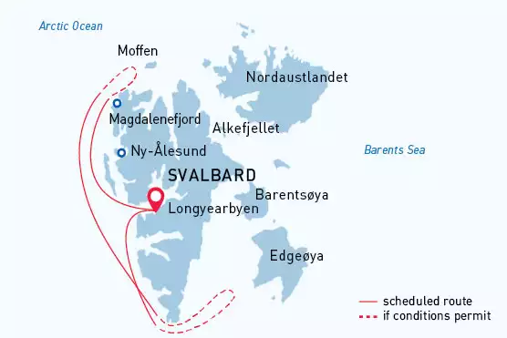 Route map of West Svalbard Arctic small ship cruise, operating round-trip from Longyearbyen with a focus along the island's west coast.