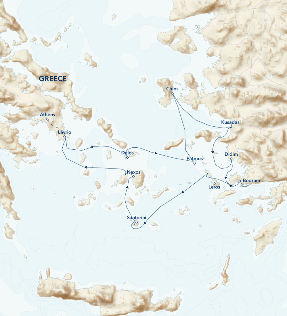 Route map of Crossroads of the Ancient World: Greece & Turkey cruise round-trip from Lavrio with overland transfers to begin & end in Athens.