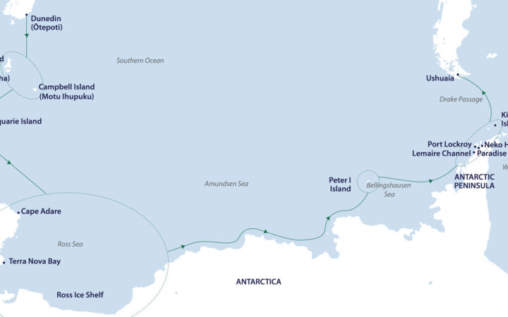 Route map of Epic Antarctica: Crossing the 7th Continent cruise from Dunedin, New Zealand to Ushuaia, Argentina via west Antarctica.