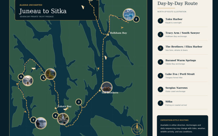 Green & blue route map of Golden Eagle Custom Alaska Charter Cruise between Juneau and Sitka.
