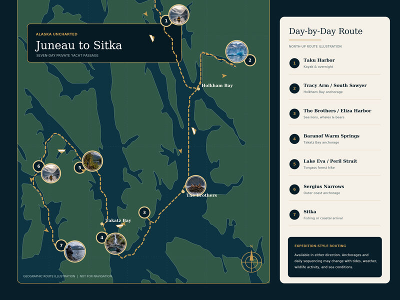 Green & blue route map of Golden Eagle Custom Alaska Charter Cruise between Juneau and Sitka.