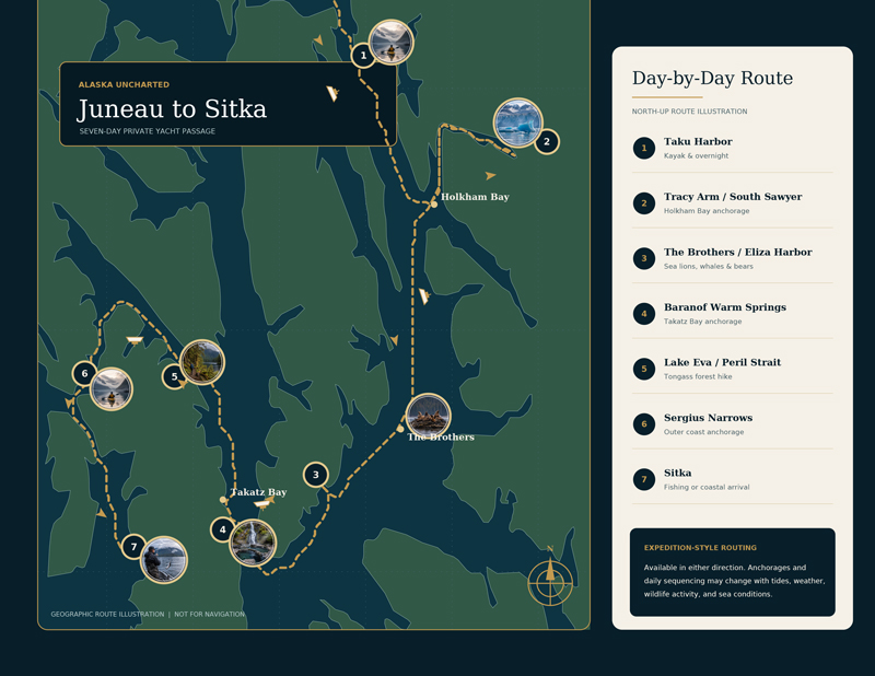 Green & blue route map of Golden Eagle Custom Alaska Charter Cruise between Juneau and Sitka.