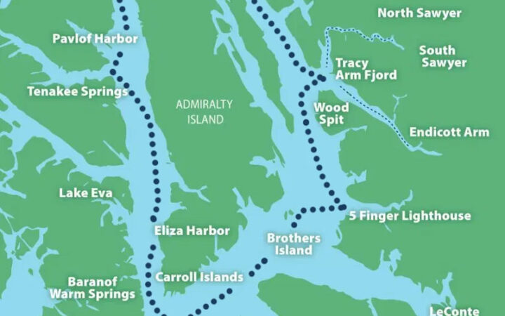 Route map of Sikumi & Golden Eagle Custom Alaska cruise, operating round-trip from Juneau with a circumnavigation of Admiralty Island.