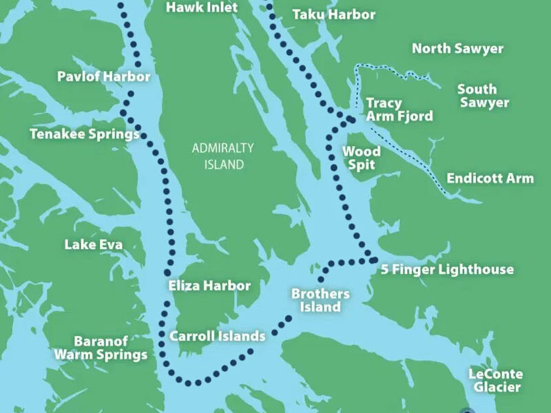 Route map of Sikumi & Golden Eagle Custom Alaska cruise, operating round-trip from Juneau with a circumnavigation of Admiralty Island.