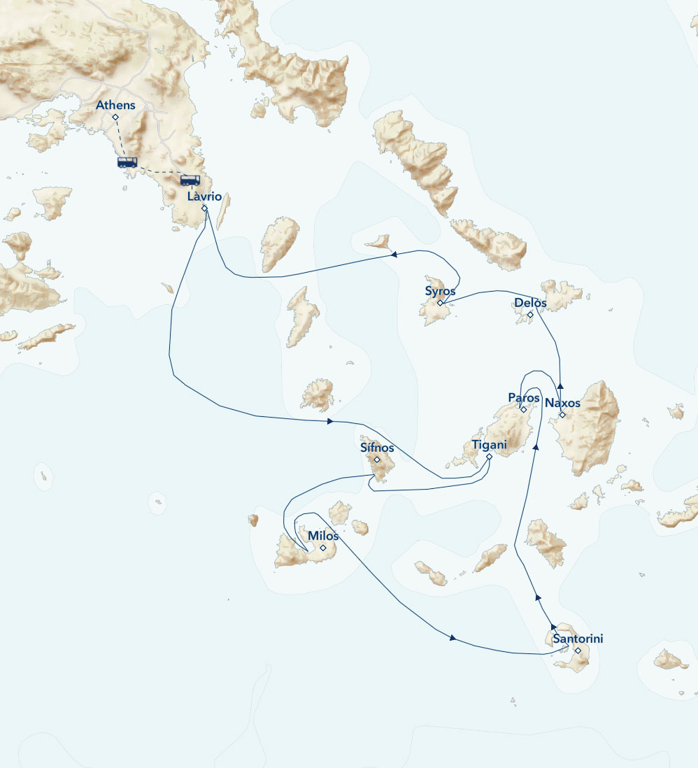 Route map of Greek Isles Odyssey: Mythology, History & Cerulean Seas small ship cruise round-trip from Lavrio with overland transfers linking Athens.