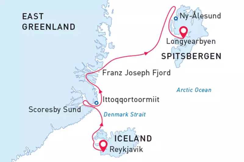 Route map of reverse Arctic Odyssey small ship cruise from Iceland to Spitsbergen with visits along east Greenland.