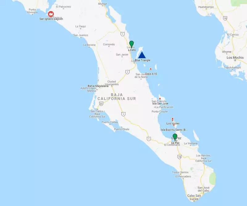 Route map of Westward Voyages in the Sea of Cortez 11-day Baja small ship cruises, operating between La Paz and Loreto & visiting San Ignacio Lagoons.