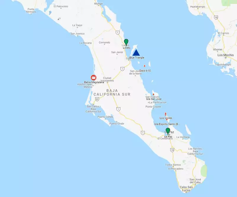 Route map of Westward Voyages in the Sea of Cortez 11-day Baja small ship cruises, operating between La Paz and Loreto & visiting Magdalena Bay.