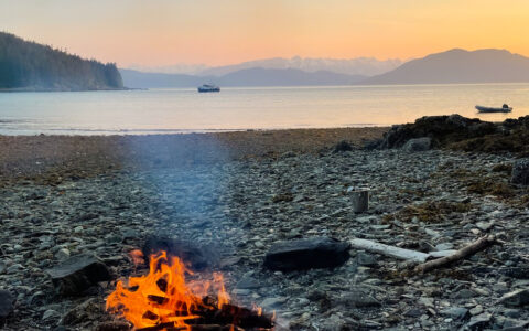 Individual seated by a campfire on the beach, gazing out at the tranquil sikumi-alaskan cruise