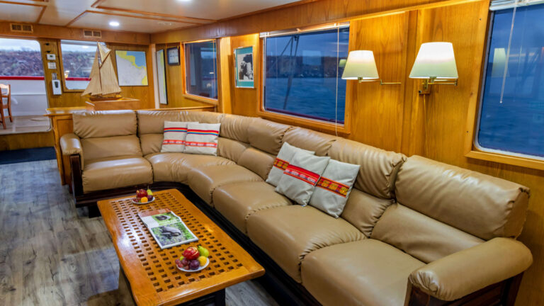 Living room with large couch aboard Cachalote Explorer.