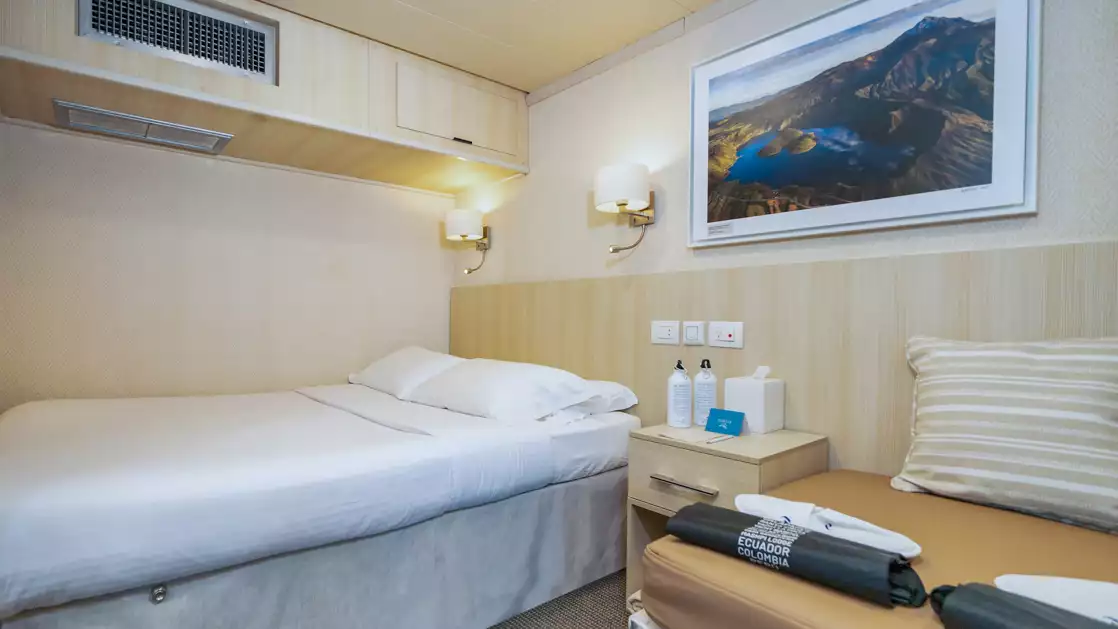 Isabela II Classic Family Cabin with double bed, fold out twin sofa, small coffee table and chair, nightstand and reading lights.