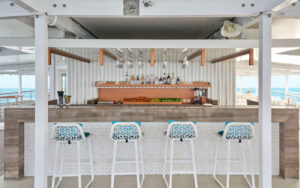 Open-air observation deck bar aboard a Galapagos luxury expedition ship.