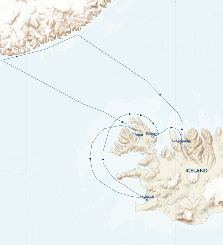 Route map of small ship cruise arctic edges Iceland westfjords east greenland aboard national geographic explorer