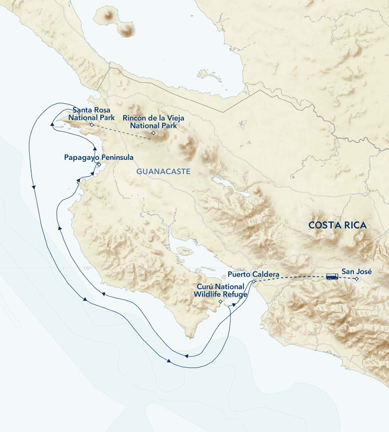 Route map of small ship cruise exploring the western coast of Costa Rica