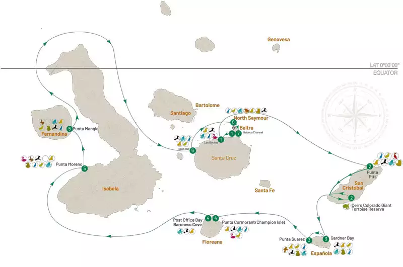 Route map for 7-Day Central Isabela II Galapagos Cruise with visits to Baltra, Santa Cruz, San Cristobal, Espanola, Floreana, Isabela, Fernandina and North Seymour islands.