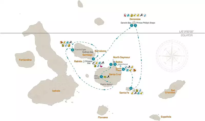 Route map for 5-Day Northern Isabela II Galapagos Cruise with visits to Baltra, Santa Cruz, Genovesa, Santiago and Santa Fe islands.