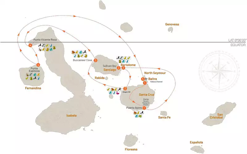 Route map for 5-Day Western Isabela II Galapagos Cruise with visits to Baltra, Santa Cruz, Bartolome, Santiago, Isabela and Fernandina islands.