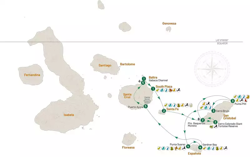 Route map for La Pinta 5-Day East Galapagos Cruise with visits to Baltra,, South Plaza, Santa Fe, San Cristobal, Espanola and Santa Cruz islands.