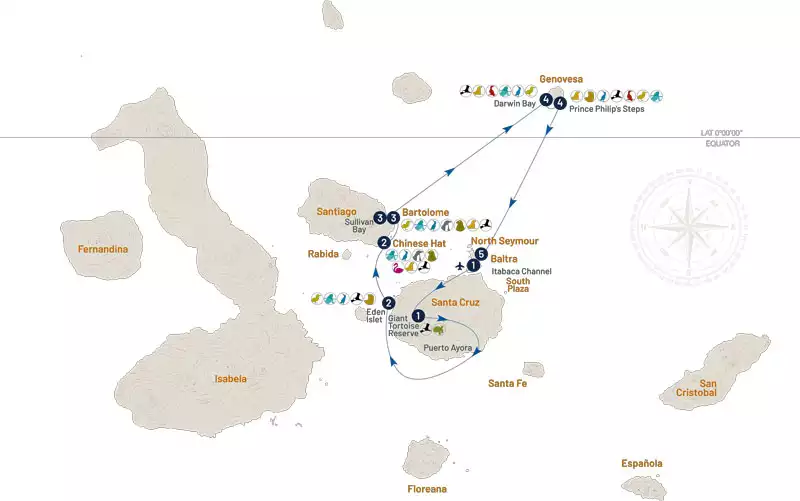 Route map for La Pinta 5-Day North Galapagos Cruise with visits to Baltra, Santa Cruz, Santiago, Bartolome and Genovesa Islands.