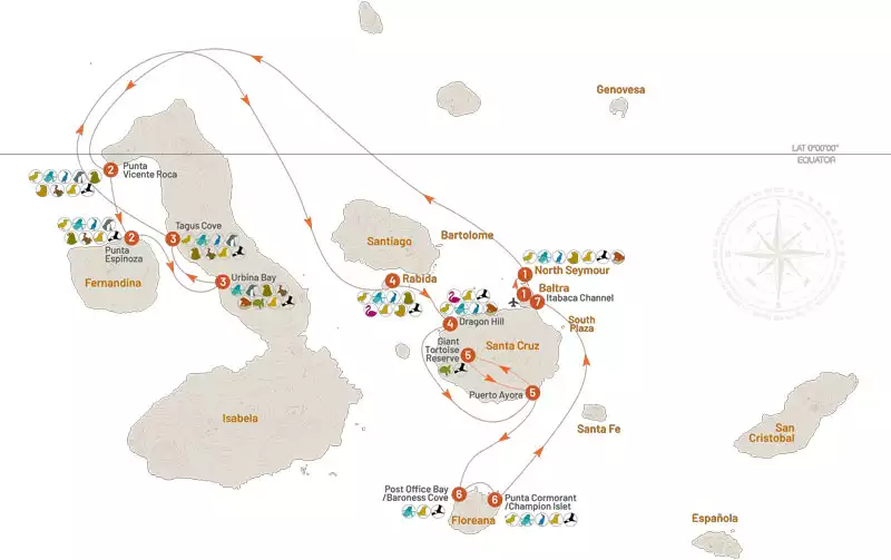 Route map for La Pinta 7-Day West Galapagos Cruise with visits to Baltra, North Seymour, Fernandina, Isabela, Rabida, Santa Cruz and Floreana Islands.