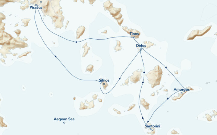 Route map of Sailing the Greek Isles aboard the Sea Cloud Fleet, round-trip from Piraeus with visits to Tinos, Delos, Amorgos, Santorini & Sifnos.
