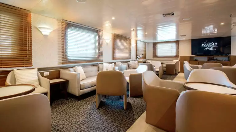 Isabella II lounge with bar, couches, chairs, tables and large viewing windows.