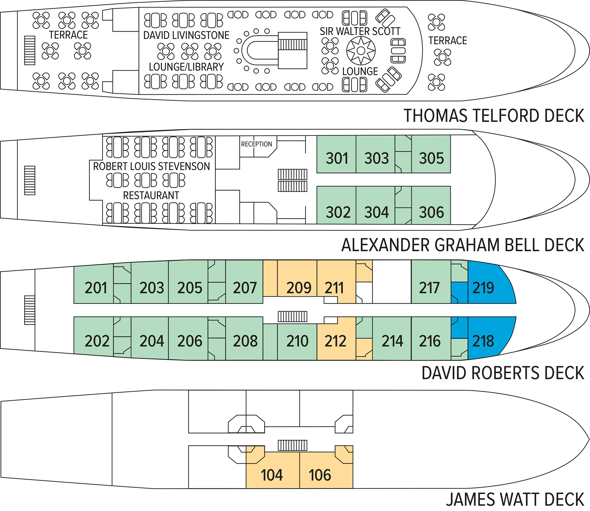 Deck plan of Lord of The Glens ship with 4 passenger decks, 26 cabins, 2 outdoor terraces, 2 indoor lounges & restaurant.