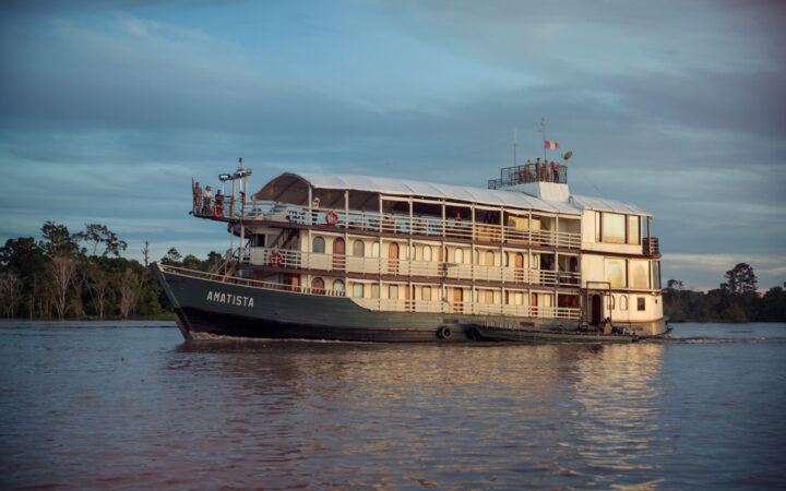 Amatista river boat cruising in the Peruvian Amazon.