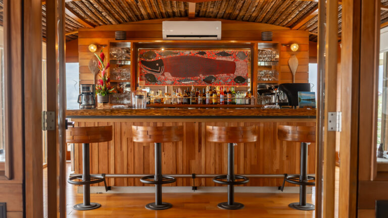Upscale bar aboard river boat Delfin I with four barstools , with wooden panneling and a variety of liquour bottles behind the bar