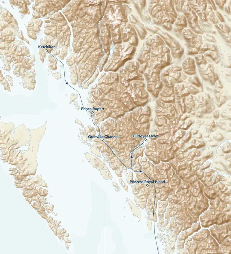 route map of small ship cruise lindblad great bear rainforest cruise